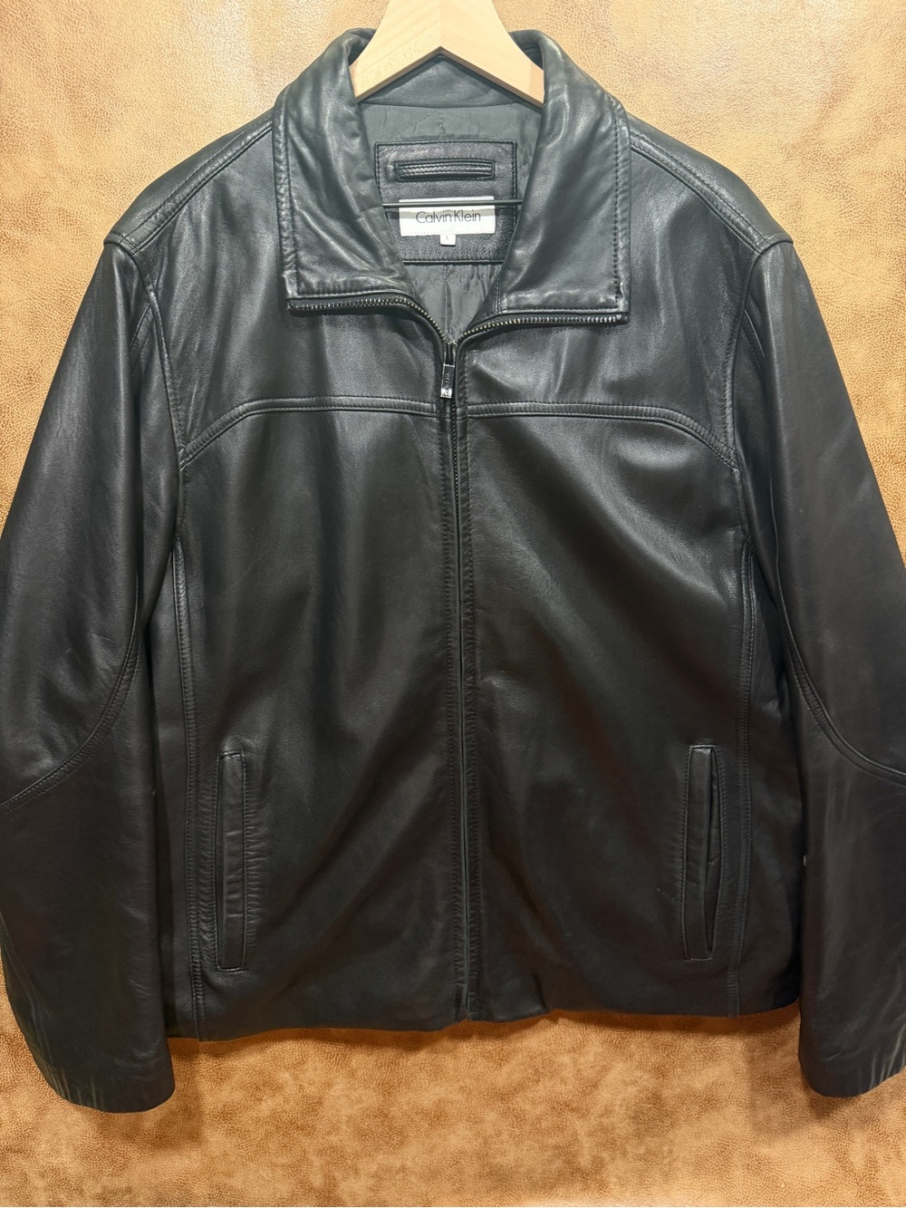 Calvin Klein Black Leather Jacket Zip Front Moto Style L
